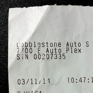 Receipt for gas in Tempe, AZ, morGas from Cobblestone Auto, morning of day two, leaving Tempe, AZ.  